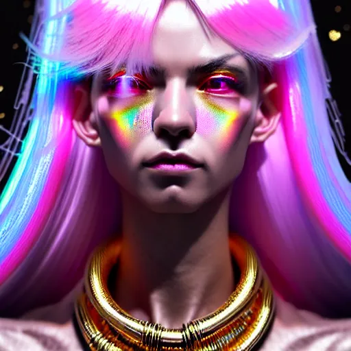 Image similar to hyperdetailed close portrait of a stunningly beautiful cyberpunk venus girl androgynous wizard made of iridescent metals and shiny pink gems, bright rainbow nimbus, gold necklace, gold background inspired by ross tran and masamune shirow and kuvshinov, concept art, intricate, photorealistic, octane render, rtx, hdr, unreal engine, dnd digital art by artgerm