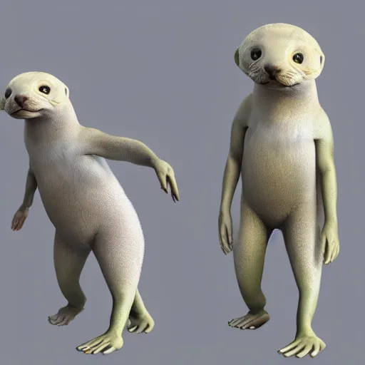 Prompt: bipedal albino amphibious otter seal alien creature with rabbit ears and a fat tail, speculative biology, big eyes