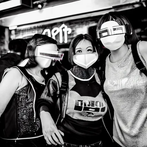 Image similar to photograph of a retro techwear female group near the bar of a packed busy rundown nightclub, lots of people, sharp and sparkly masks, retrofuturism, brutalism, cyberpunk, sigma 85mm f/1.4, 15mm, 35mm, tilted frame, long exposure, 4k, high resolution, 4k, 8k, hd, wide angle lens, highly detailed, full color, harsh light and shadow, film grain