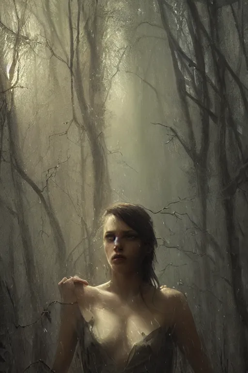 Image similar to portrait of a young woman, covered in cobwebs, dramatic lighting, cinematic, dark forest, head and shoulders, greg rutkowski