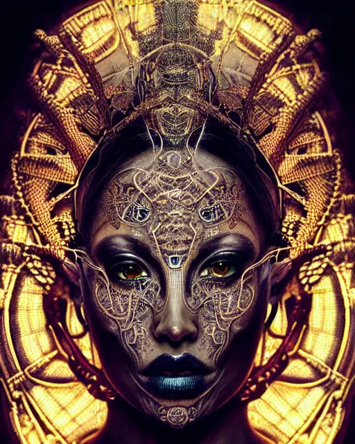 Prompt: hyperrealistic detailed face portrait of the beautiful dark goddess with an intricate golden ornamental geometrical ritual mask, intricate cyberpunk tattoos, glowing ceremonial markings, emotionally dark figure, insane details, art by ernst haeckel, nekro borja, android jones, gothic - cyberpunk, ornamental, dimmed pastel colours,