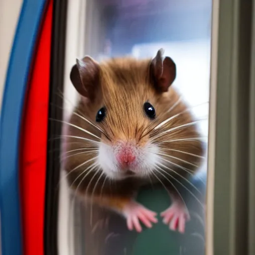 Image similar to photo of a hamster inside a train, looking out of a train window, various poses, unedited, soft light, sharp focus, 8 k