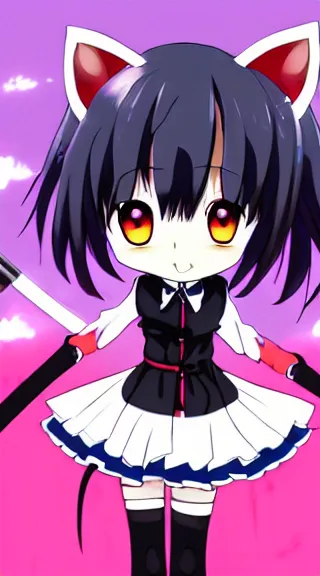 Image similar to Anime Screenshot of a “red-eyed black-haired anime fox girl” wearing black fingerless-gloves, high-waist-black-skirt, white-collared-shirt blue-open-jacket, black-necktie, unsheathing her katana, white background, visual-key, anime illustration, pixiv, anime-twitter