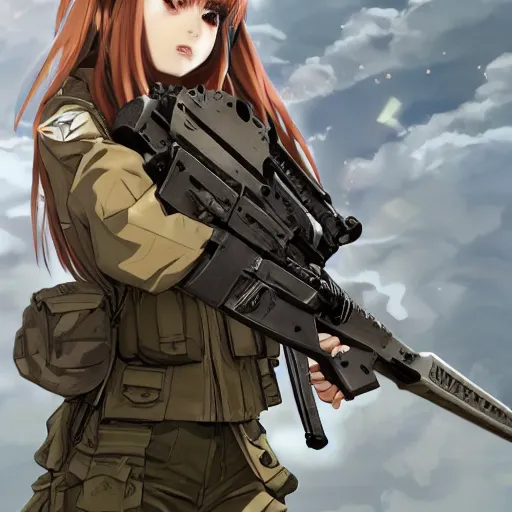 Image similar to soldier girl, anime style, long hair, hair down, symmetrical facial features, girls frontline cg, hyper realistic, pale skin, 4 k, rule of thirds, extreme detail, detailed drawing, trending artstation, hd, heavy gear, d & d, realistic lighting, by alphonse mucha, greg rutkowski, sharp focus, backlit, army