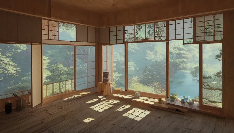 Image similar to interior of a japanese house built on the mountains, view, view on the lake, sunrise through the windows, forest, hyperdetailed, artstation, cgsociety, 8 k