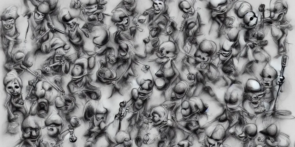 Image similar to a high detailed pencil drawing of long boned smurfs and color