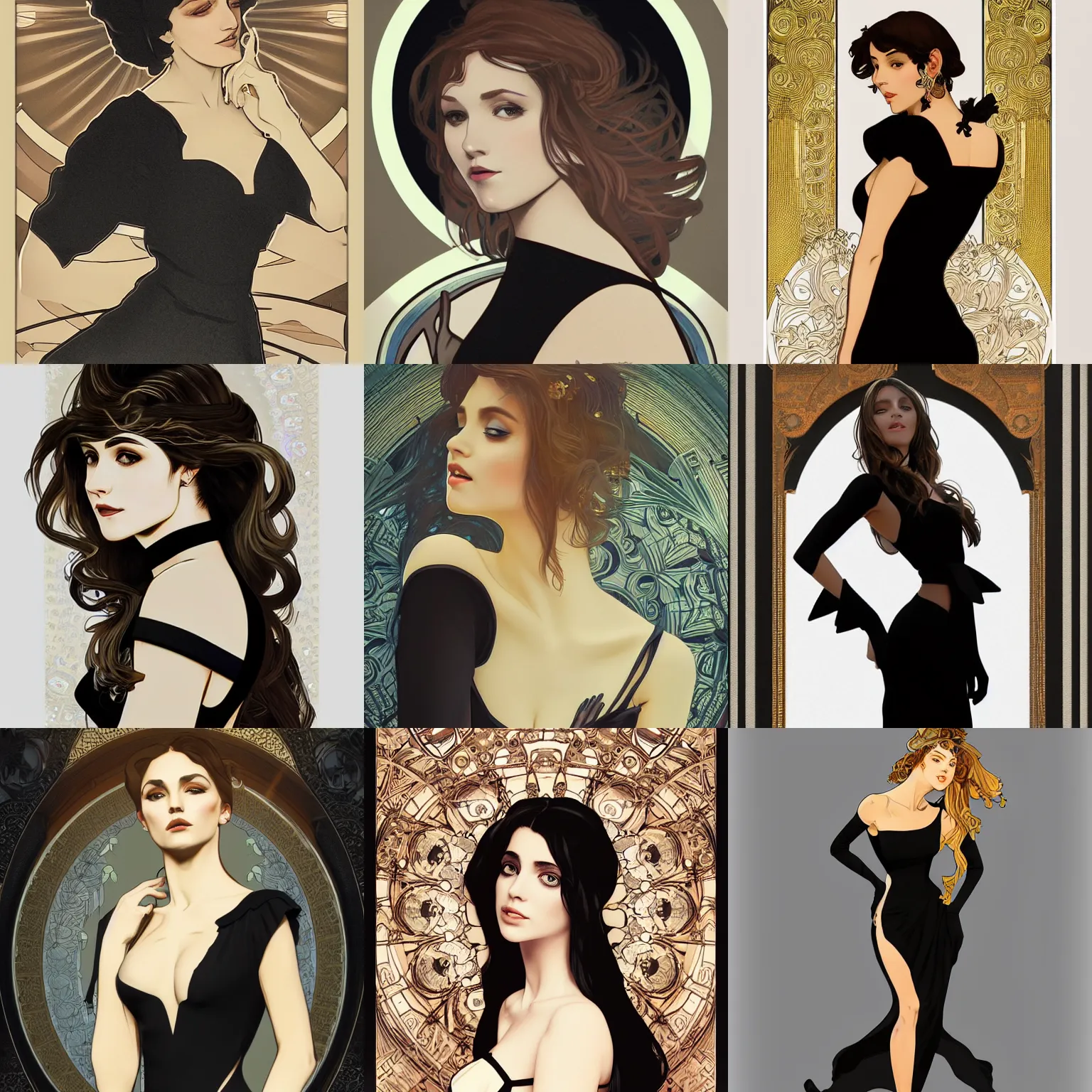 Prompt: beautiful european woman in a black cutout dress with white trim, as seen on artgerm, octane render, in the style of alphonse mucha, ultra realistic, highly detailed, 8 k