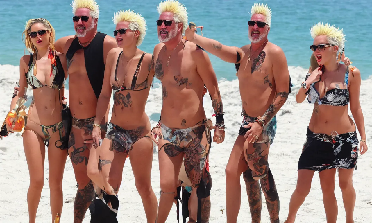 Image similar to olivia munn and miley cyrus and guy fieri on a vacation at the beach