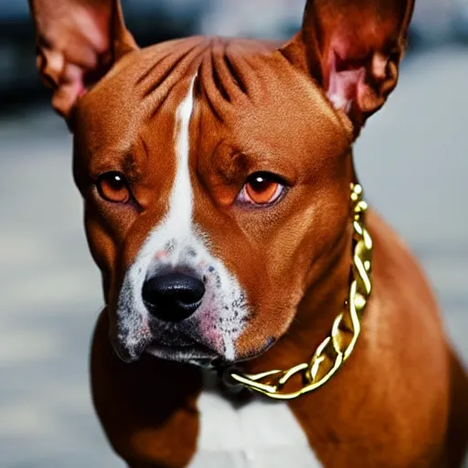 Prompt: tan american staffy dog wearing gold chains, street style, cool, stylish