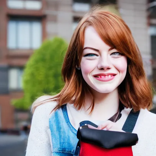 Prompt: photo of teenage smiling emma stone as schoolgirl, holding mesh bag with bagels, street of moscow, shallow depth of field, cinematic, 8 0 mm, f 1. 8