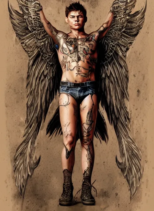 Image similar to Portrait of Dean Winchester as an angel warrior , angelical runes tattoed all over his body, intricate body, whole body, highly detailed, digital painting, artstation, concept art, smooth, sharp focus, illustration, art by Hajime Sorayama