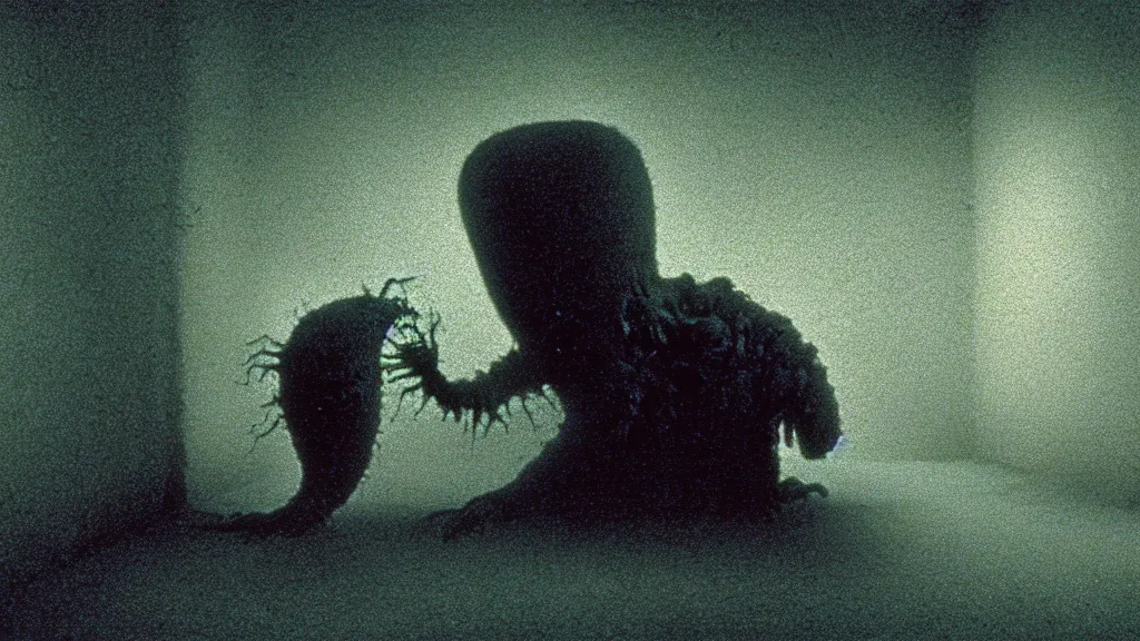 Prompt: the yucky creature in the crawlspace, film still from the movie directed by denis villeneuve and david cronenberg with art direction by salvador dali and zdzisław beksinski, wide lens