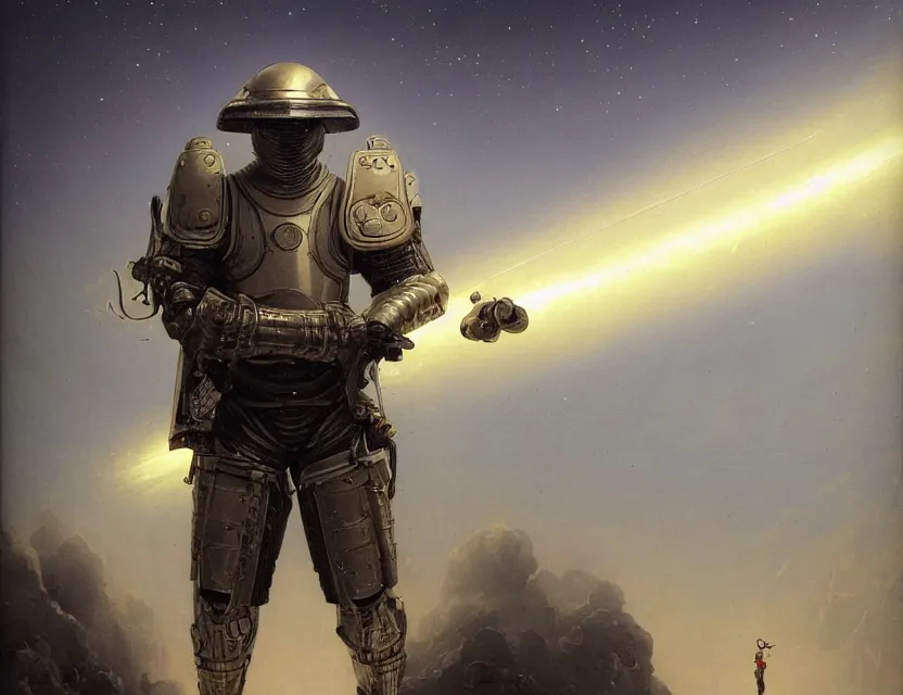 Prompt: a detailed portrait painting of futuristic bomb disposal soldier wearing armour and a reflective visor, spacecraft flies in the distance. cinematic sci-fi poster. Flight suit, cloth and metal, accurate anatomy. Samurai influence, knight influence. fencing armour. portrait symmetrical and science fiction theme with lightning, aurora lighting. clouds and stars. Futurism by moebius beksinski carl spitzweg moebius and tuomas korpi. baroque elements. baroque element. intricate artwork by caravaggio. Oil painting. Trending on artstation. 8k