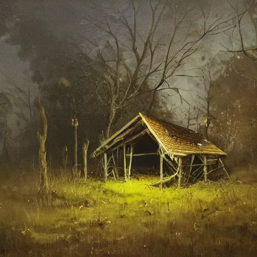 Image similar to a crumbling shed in the woods at night by simon bisley