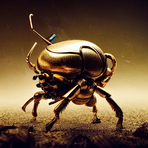 Image similar to Very high detailed rhinoceros beetle made of gold and metal standing on a carbon fiber background, smoke and powder, full body, big horn, robotic, nature, symmetrical, Greg Rutkowski, Charlie Bowater, Beeple, Unreal 5, hyperrealistic, dynamic lighting, fantasy art