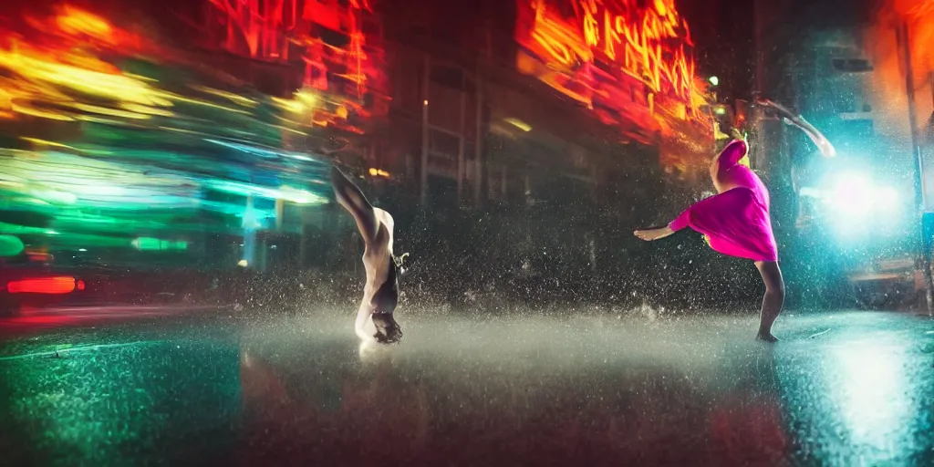 Image similar to fisheye lens slow motion with trail effect of beautiful break dancer wearing floating long dress with neon lights, long exposure shot , at night in the middle of a rainy wet street, paddle of water, steam, fog, water splashes, rim lights, glossy reflections, water droplets on lens, octane render, dark and dramatic, fire explosions in the background, detailed and soft, fisheye lens, smooth, sharp focus, illustration, painted by Zdislav Beksinski and Wayne Barlowe