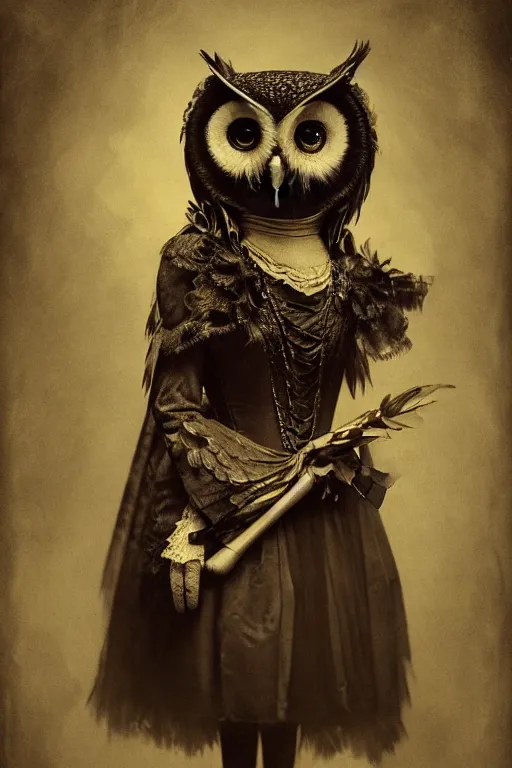 Prompt: wet plate photograph of an anthropomorphic owl dressed in a victorian - era ballgown, dramatic lighting, highly detailed, digital painting, artstation, concept art, smooth, sharp focus, illustration, art by wlop, mars ravelo and greg rutkowski