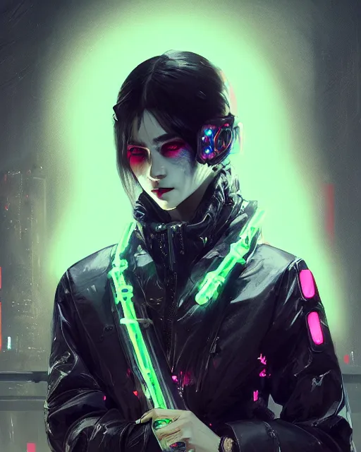 Prompt: detailed portrait vampire neon operator girl, cyberpunk futuristic neon, reflective puffy coat, decorated with traditional japanese ornaments by ismail inceoglu dragan bibin hans thoma greg rutkowski alexandros pyromallis nekro rene maritte illustrated, perfect face, fine details, realistic shaded, fine - face, pretty face