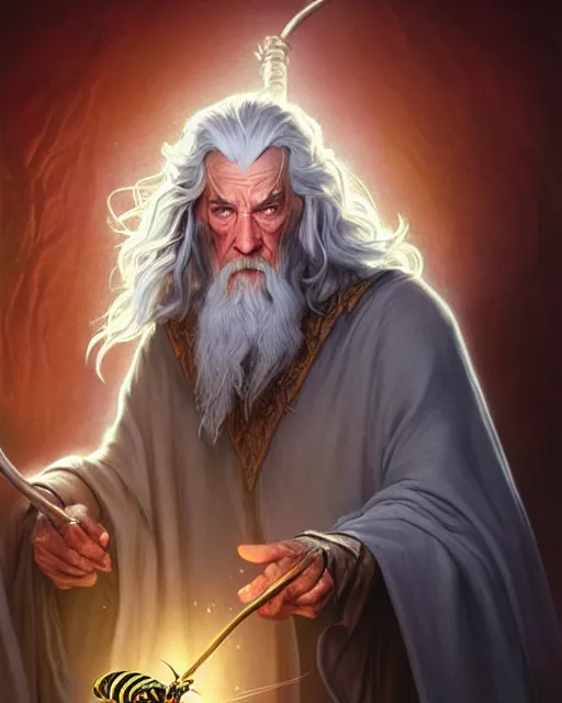 Prompt: Gandalf the grey casting a bee spell, crimson led, glowing, D&D, fantasy, intricate, elegant, highly detailed, digital painting, artstation, concept art, matte, sharp focus, illustration, hearthstone, art by Artgerm and Greg Rutkowski and Alphonse Mucha