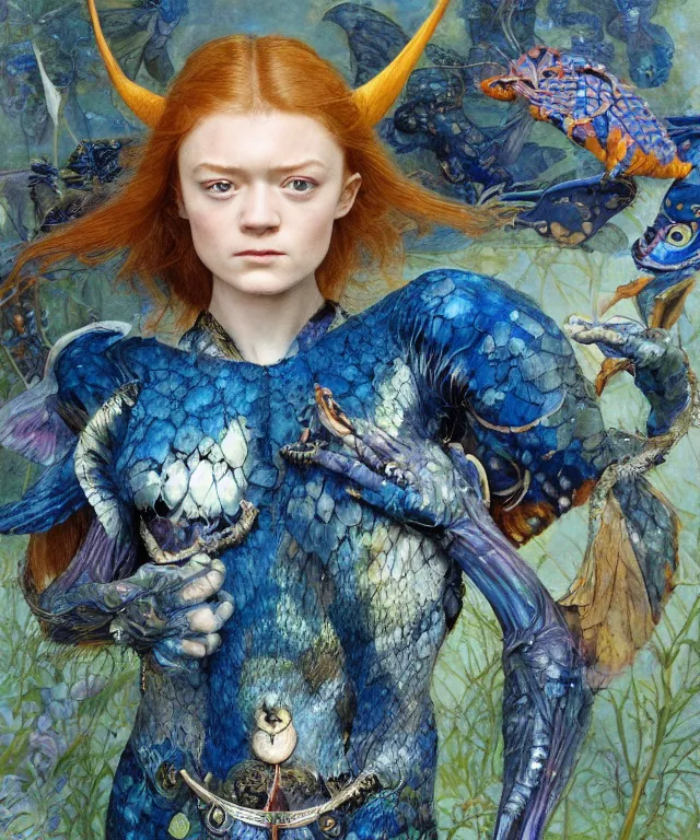 Image similar to a portrait photograph of a meditating fierce sadie sink as a colorful harpy hawk super hero with blue spotted skin with scales. her body is transforming into a alien amphibian. by donato giancola, hans holbein, walton ford, gaston bussiere, peter mohrbacher and brian froud. 8 k, cgsociety, fashion editorial