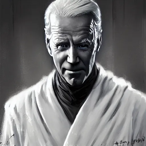 Prompt: detailed realistic cinematic wide shot of beautiful attractive joe biden synthwave man wearing black bath robe slim face symettrical face clean skin black eyes black robe smooth, sharp focus, ultra realistic, spring light, painting by gaston bussiere, craig mullins, j. c. leyendecker