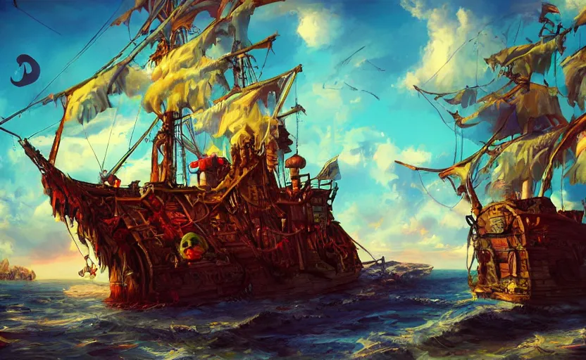 Prompt: pirate ship, storybook, colorful, lush, artstation, print