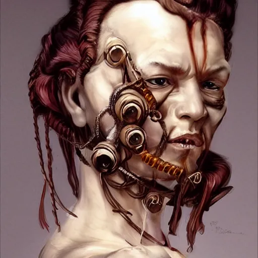 Image similar to portrait of a Shibari rope wrapped face and neck, headshot, insanely nice professional hair style, dramatic hair color, digital painting, of a old 17th century, old cyborg merchant, amber jewels, baroque, ornate clothing, scifi, realistic, hyperdetailed, chiaroscuro, concept art, art by Franz Hals and Jon Foster and Ayami Kojima and Amano and Karol Bak,