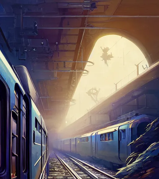 Image similar to highly detailed train in gta v, stephen bliss, unreal engine, fantasy art by greg rutkowski, loish, rhads, ferdinand knab, makoto shinkai and lois van baarle, ilya kuvshinov, rossdraws, tom bagshaw, global illumination, radiant light, detailed and intricate environment