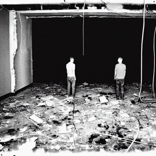 Image similar to two men in black, watching a black hole forming in the grimy grungy basement of an abandoned apartment block, wires, cables, grainy black and white photography