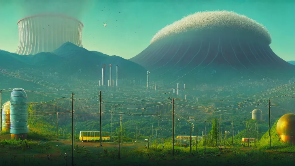 Prompt: Nuclear Nature Solarpunk harmony; the mountains and city of Quito are towered over by giant nuclear power plants covered with foliage; by Simon Stålenhag, oil on canvas; Art Direction by James Cameron; 4K, 8K; Ultra-Realistic Depth Shading