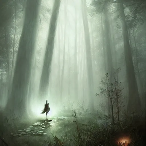 Prompt: a will o the wisp in misty woods, beautiful ethereal fantasy painting by artgerm and greg rutkowski