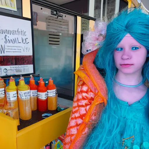 Prompt: cinematic photo of a beautiful albino frog woman lit with split colour turquoise and orange lighting buying lemonade from a childrens lemonade stand in suburbia