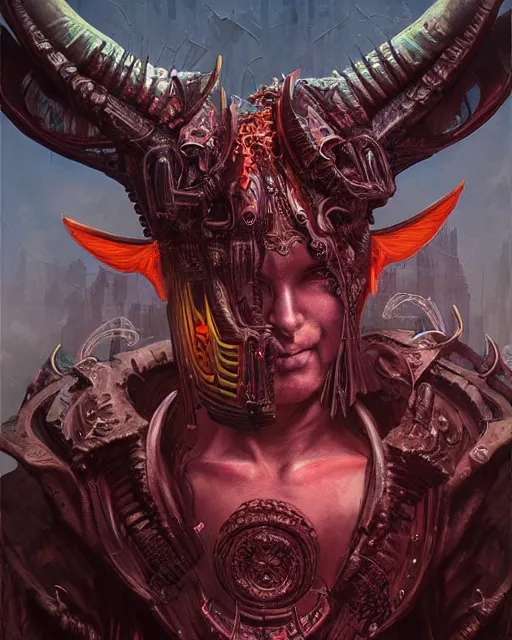 Prompt: a painting of a demon with large horns, cyberpunk art by Android Jones, zbrush central contest winner, fantasy art, apocalypse art, detailed painting, intricate