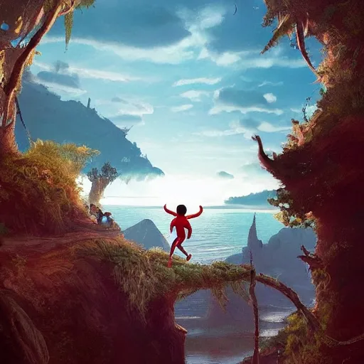 Prompt: Tom Holland as peter pan,looking over the horizon,river in front of him,detailed, 8k hd,by rossdraws and greg rutkowski,in the style of a Instagram profile picture