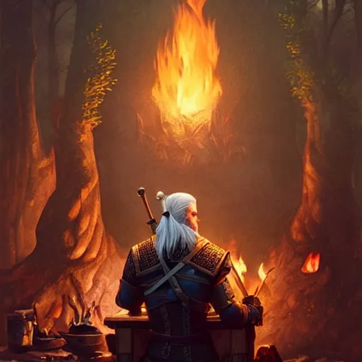 Image similar to geralt the witcher 3 sitting in front of a campfire at night alone warmth d & d fantasy intricate elegant highly detailed digital painting artstation concept art matte sharp focus illustration hearthstone art by artgerm art by greg rutkowski art by alphonse mucha