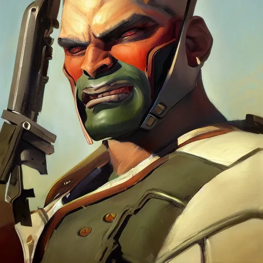 Prompt: greg manchess close - up portrait painting of a handsome male dieselpunk orc with olive green skin as an overwatch character, medium shot, asymmetrical, profile picture, organic painting, sunny day, matte painting, bold shapes, hard edges, street art, trending on artstation, by huang guangjian and gil elvgren and sachin teng