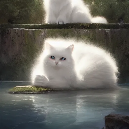 Image similar to white fluffy cat rising from the water. view from behind, wide angle view, back view. nuri iyem, james gurney, james jean, greg rutkowski. trending on artstation, starlight, and enchanted dreams