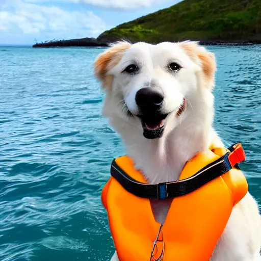 Prompt: photo of dog wearing a life jacket in the ocean