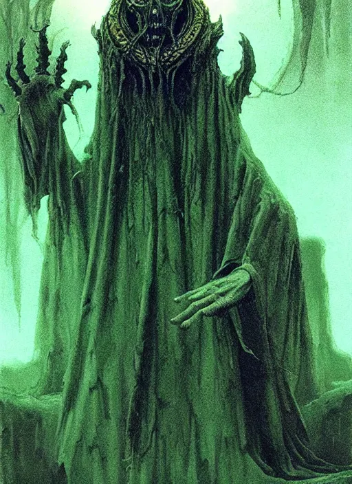 Image similar to Eldritch demon priest wearing ornate robe, chanting at the green pool. In style of Beksinski, concept art, highly detailed.