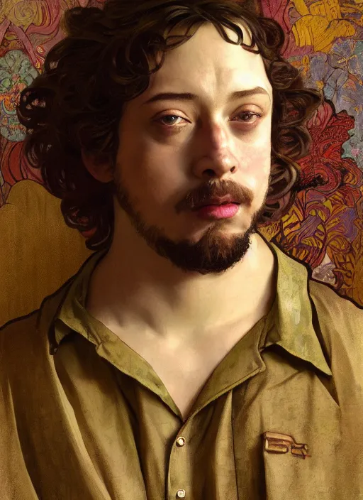 Image similar to Sam Hyde wearing luxuruous hawaiian vintage shirt, rule of thirds, accurately portrayed, portrait art by alphonse mucha and greg rutkowski, highly detailed, digital painting, concept art, illustration, ethereal lighting with twilight rays of sunlight, trending on artstation, very detailed, smooth, sharp focus, octane render, close up