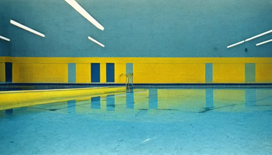 Image similar to 1 9 6 0 s movie still of an empty municipal swimmingpool with yellow tiles with light blue tiles, high quality, high detail, liminal space style