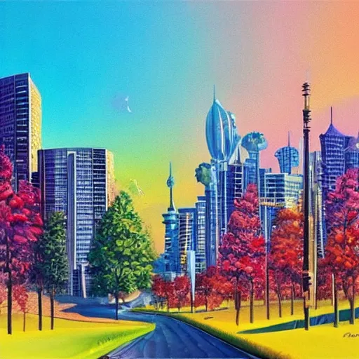 Image similar to Future city in harmony with nature. Nice colour scheme, warm colour. Beautiful painting by Lurid. (2022)