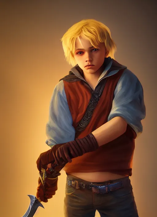 Image similar to An epic fantasy comic book style portrait painting of a young blonde boy thief holding a dagger, unreal 5, DAZ, hyperrealistic, octane render, cosplay, RPG portrait, dynamic lighting