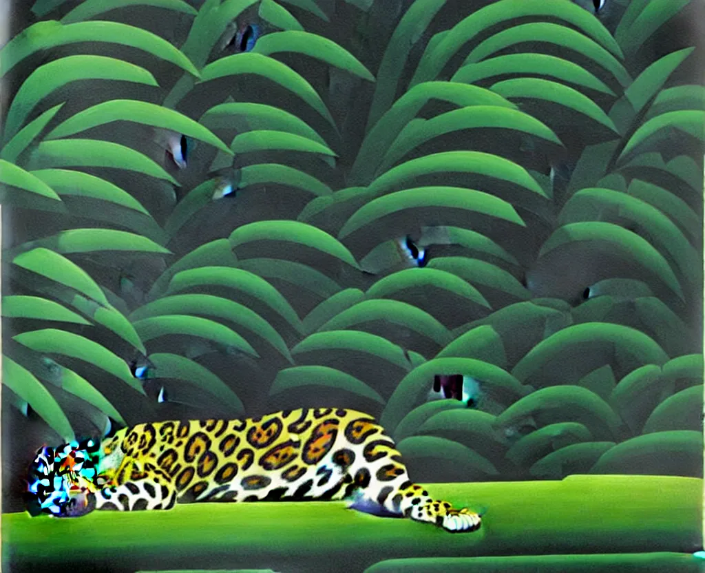 Prompt: a painting of a jaguar in a dark misty jungle. Painted by Hiroshi Nagai. Aesthetics of Hiroshi Nagai