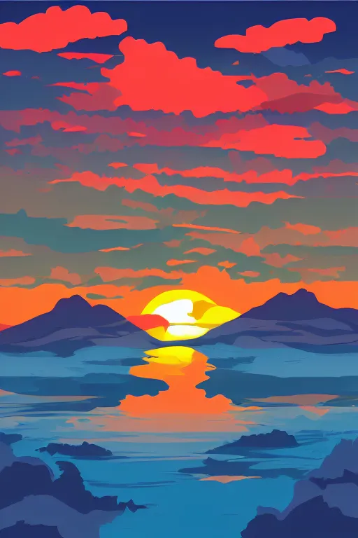 Image similar to sunrise mountain water vector illustration digital art by frankentoon studio trending on artstation