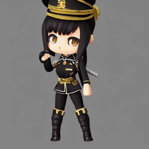 Image similar to a well built funny nendroid girl wearing a luxurious military uniform, highly detailed digital art, intricate, dark colors, cartoon lighting, 8 k