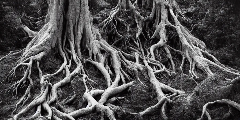 Image similar to ego perspective photography roots sprawling, climbing, forest, dolomites, alpine, detailed intricate insanely detailed octane render, 8k artistic 1920s photography, photorealistic, black and white, chiaroscuro, hd, by David Cronenberg, Raphael, Caravaggio