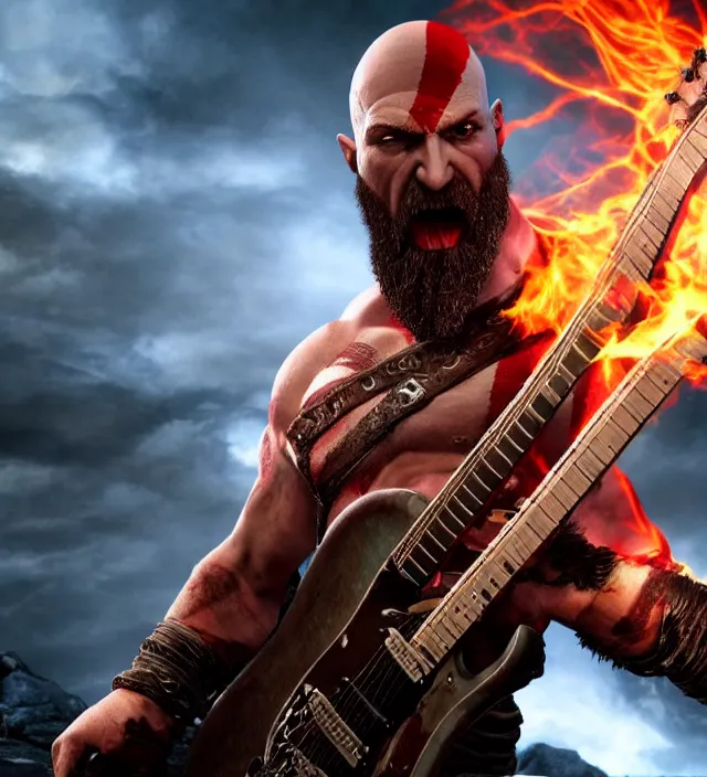 Image similar to kratos shredding on a flaming stratocaster guitar guitar, cinematic render, god of war 2 0 1 8, santa monica studio official media, lightning, stripe over eye, hands