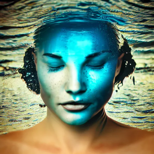 Prompt: water artwork manipulation in the shape of a human head, on the ocean water, futuristic, award winning, hyper realistic, ray tracing, realistic water, sharp focus, long shot, 8 k resolution, cinematic, photoshop water art