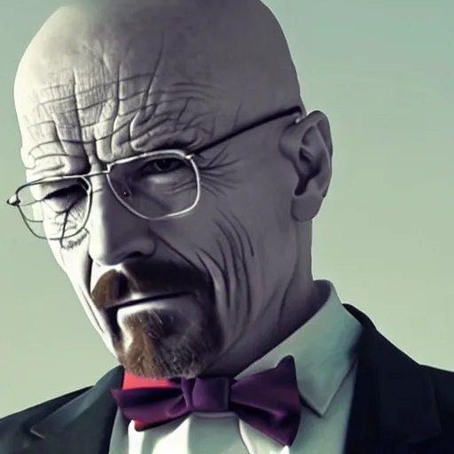 Image similar to walter white wearing the joker suit